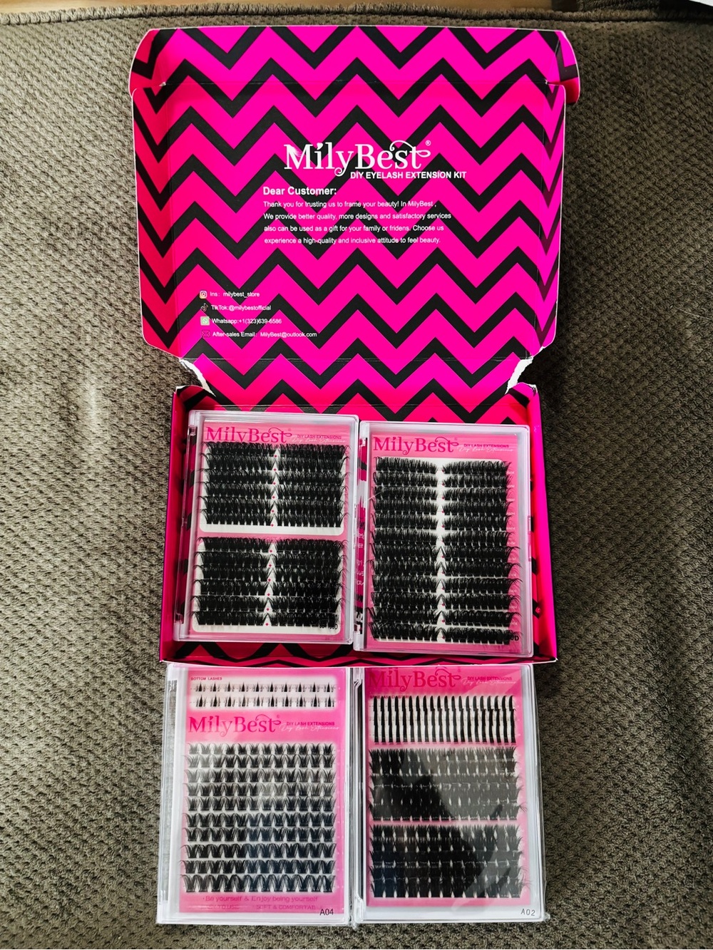 MilyBest Pink Eyelash Extension 4 trays D curl full thick black clusters TikTok
